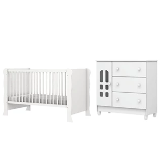 Dormitório Infantil Carolina Baby Berço Americano Mini Cama 2 em 1 e Cômoda Para Quarto Bebê Helena Branco