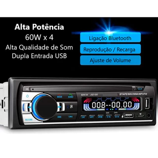 Aparelho Som Automotivo Rádio 25W De Carro Bluetooth Pendrive SD Rádio Aux In Mp3 Player Multicolor Visor Led JSD-520