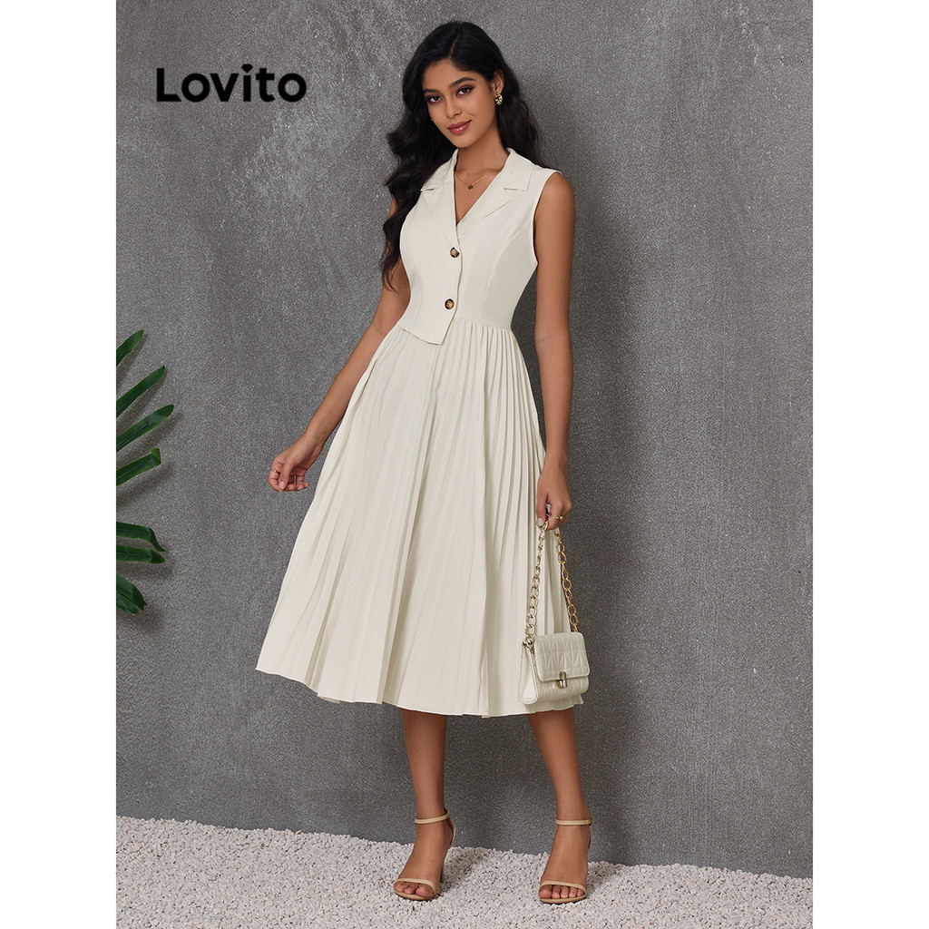 Lovito Vestido assimétrico elegante e liso com botões plissados para mulheres LBL16100