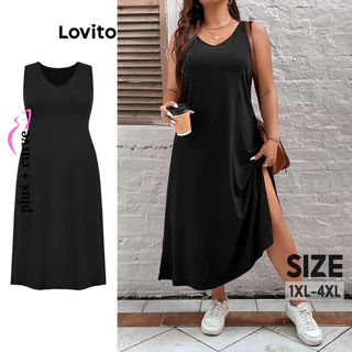 Lovito Vestido redondo casual plus size liso dividido para mulheres LBL16514