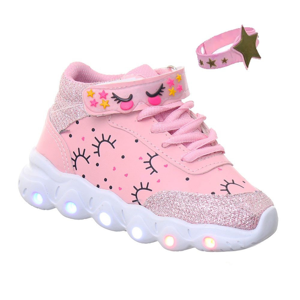 Tenis Sapato de Menina Infantil Rosa Botinha Luz Led Com Pulseira