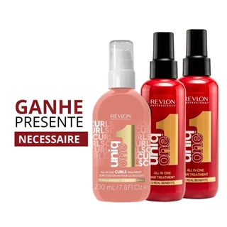 Kit Revlon 2 Uniq One All In One Leave In 150ml + Revlon Uniq One Curls Treatment 230ml + Presente Necessaire Dourada