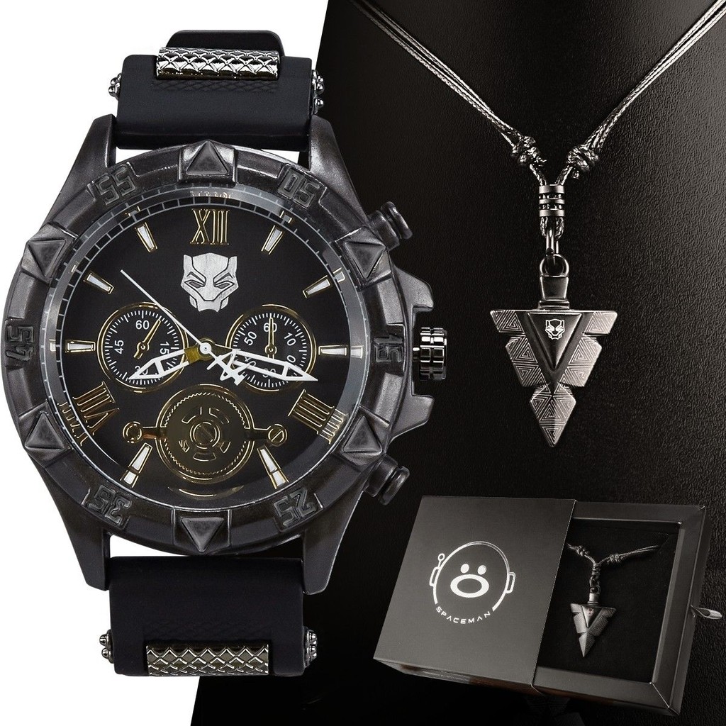 Relogio masculino pantera aço inox preto + corrente cordão analogico presente social original casual
