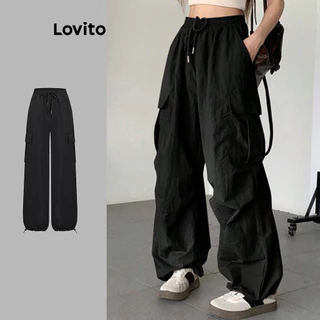 Lovito Calças casuais lisas com bolso e cordão para mulheres L102AD019