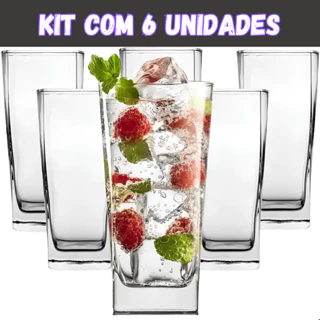 Jogo de Copos de Vidro 320ml Quadrado Texas Miami Bali para Suco Agua Refrigerante