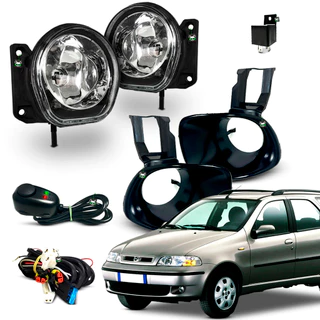 Kit Farol Auxiliar Milha Palio Weekend 2001 2002 2003 Moldura Preta Botao Colante