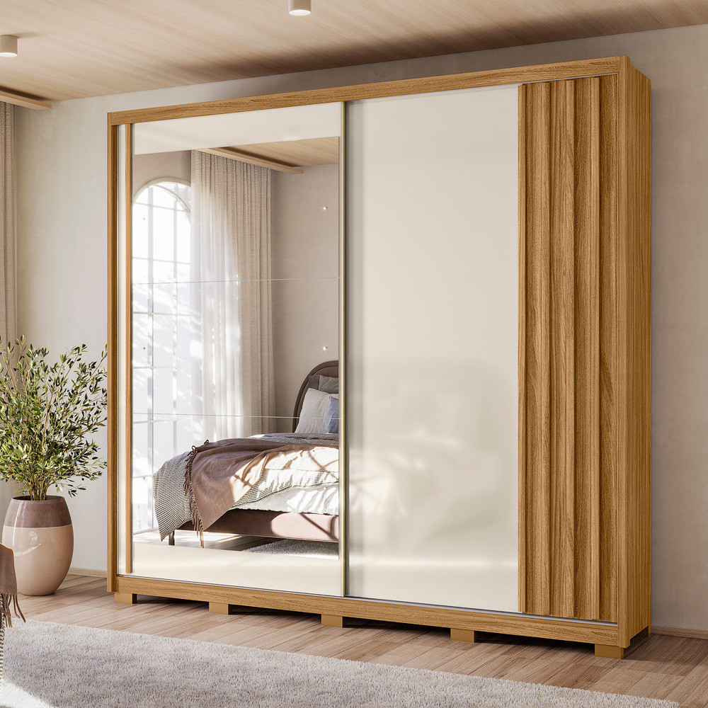 Guarda Roupa Casal Ripado com Espelho e Pés 2 Portas de Correr Dhara Moval