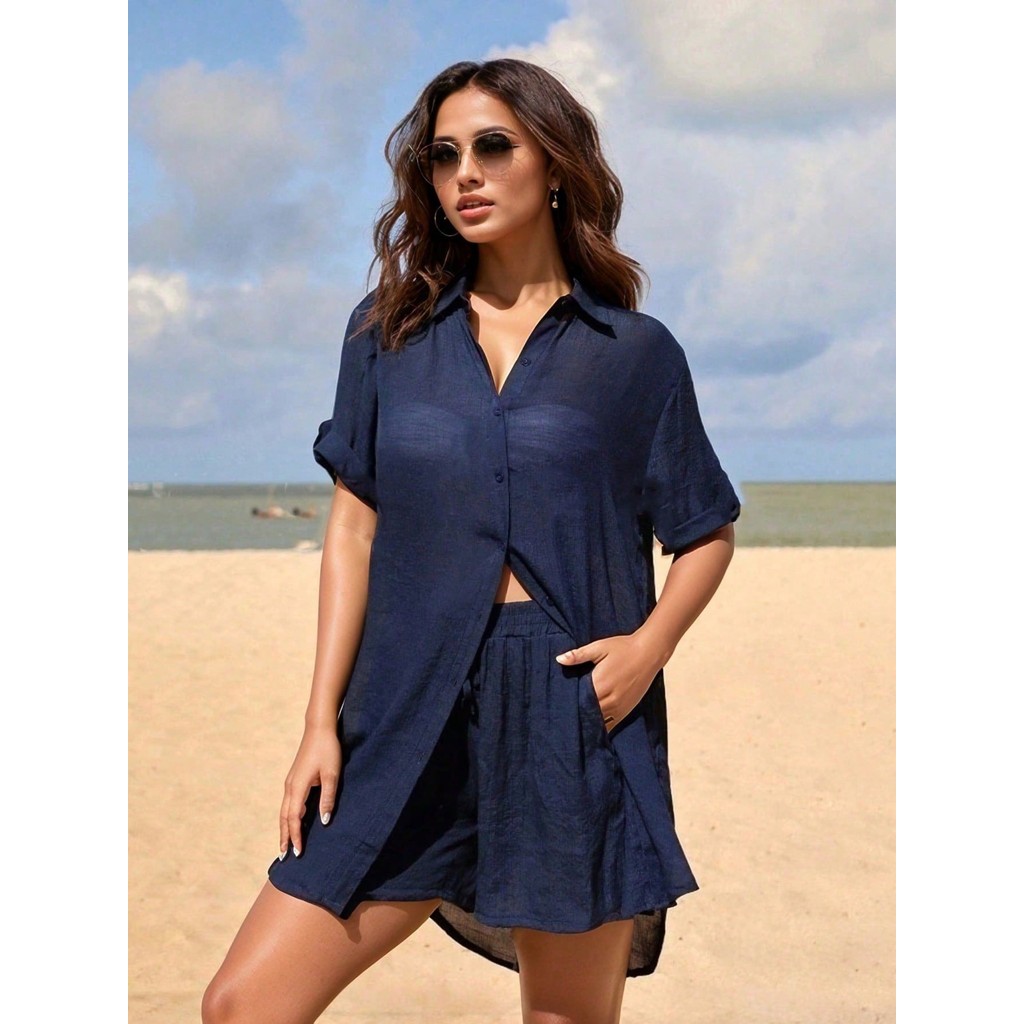 Conjunto de camisa de linho para o verão de - saída de praia e shorts ...
