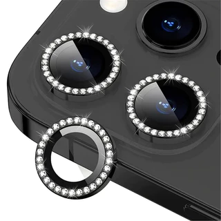 Protetor de Lente de Câmera de Metal Dividido Preto Strass para Iphone15 14 13 12 11