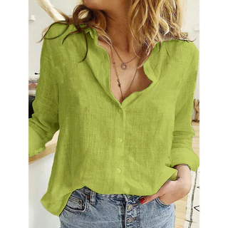 Verão Mulheres Camisas Primavera Algodão Linho Camisas Casual Solid Button Lapel Blusas Manga Longa Solta E CYZD