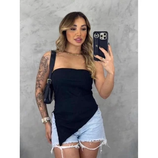 Blusa Cropped Tomara que Caia Assimétrica Tecido Anarruga