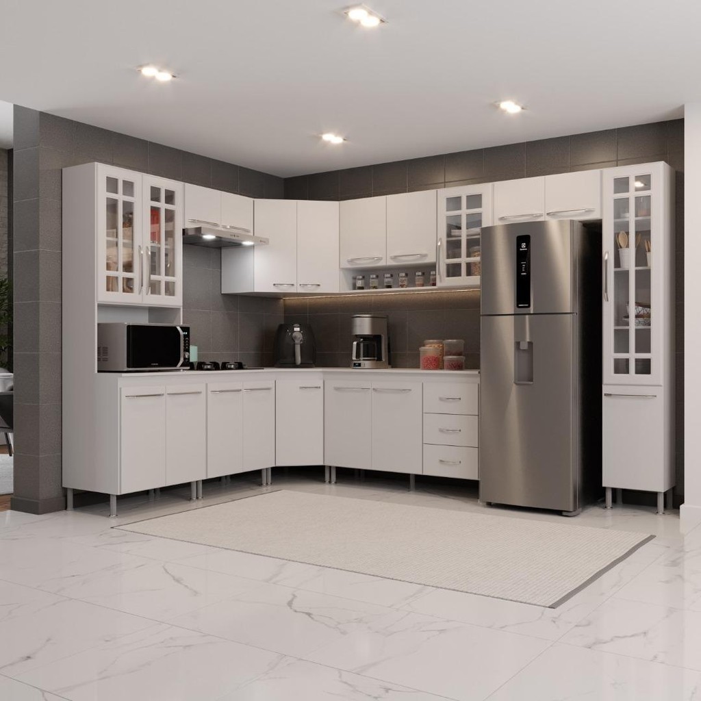 Cozinha Modulada Completa Fidelitá Viena 9 Peças 515cm 20 Portas 3 Gavetas Com Tampo Branco
