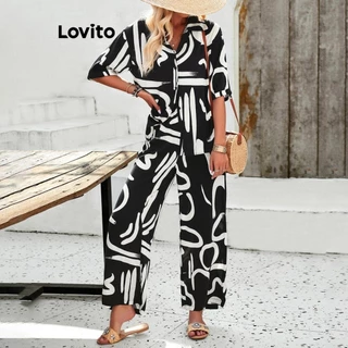 Lovito Conjuntos casuais de botão geométrico Padrão Calças para mulheres LNL74463