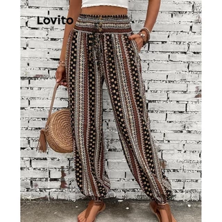 Lovito Calça Boho Tropical Smocked para mulheres LNL75382
