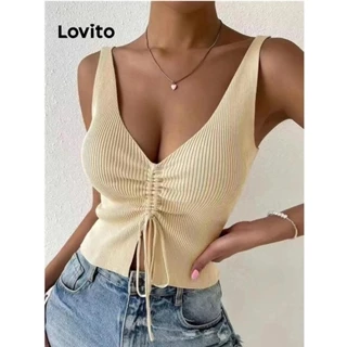 Lovito Top casual de malha com cordão liso para mulheres LNL75115