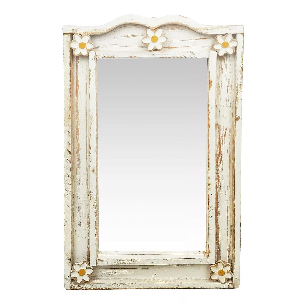 Espelho Moldura Madeira Rustica 44x27cm/branco Flores Para Casa Banheiro Sala Quarto