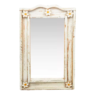 Espelho Moldura Madeira Rustica 44x27cm/branco Flores Para Casa Banheiro Sala Quarto