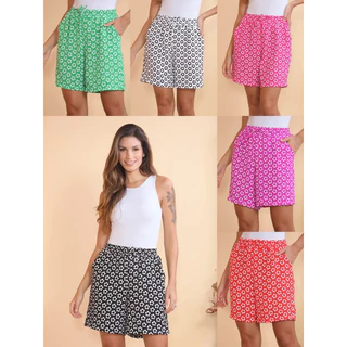 Short Feminino de Viscose Praia estampa Margarida com Elastico na Cintura e Bolso M-3