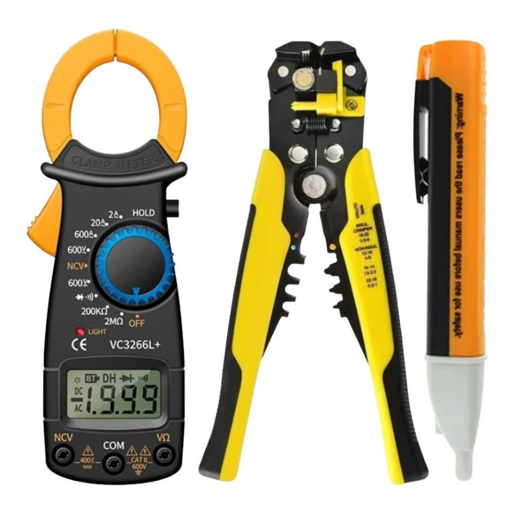 Kit 3x1 Alicate Amperímetro Alicate Automático Decapador Caneta tensão Alerta Som