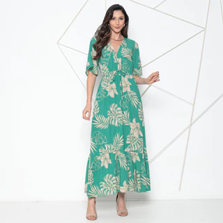 Vestido Longo Estampa Florido Gola V Moda Feminina Verão