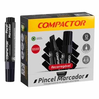 Pincel Quadro Branco Preto Marcador Permanente Recarregável Caixa Com 12 Unidades Compactor