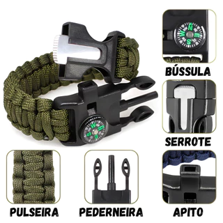 Pulseira Paracord De Sobrevivência, pederneira, bussola, faca serrote, apito Pronta Entrega