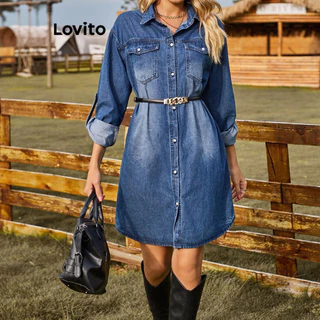 Lovito Vestido jeans casual com botão liso para mulheres LNL65304