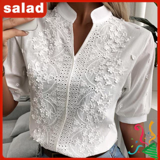 [SA] Camisa Casual Feminina Bordado Floral Renda Sólida Pullover Tops Colarinho Em V Meia Manga De Ajuste Relaxado