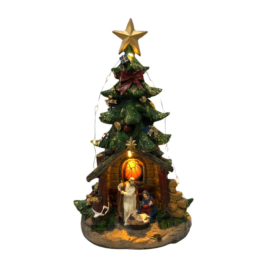 Enfeite de Natal Árvore Sagrada Família com Luz e Som Pilha/USB 32x16 cm