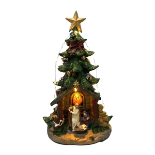 Enfeite de Natal Árvore Sagrada Família com Luz e Som Pilha/USB 32x16 cm