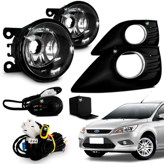 Kit Farol Auxiliar Milha Focus 2009 2010 2011 2012 Moldura Preta C/ Aro Cromado Botao Colante