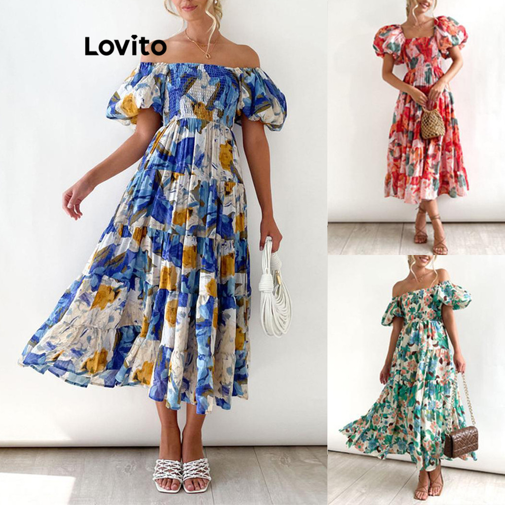 Lovito Vestido boho floral com babado em cascata e ombro frio para mulheres LNL69273