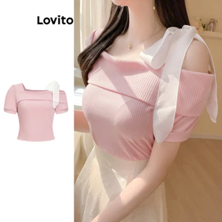 Lovito Camiseta elegante lisa assimétrica com laço no ombro frio para mulheres L100MD455