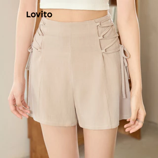 Lovito Shorts casuais lisos com cadarço para mulheres L99ED654