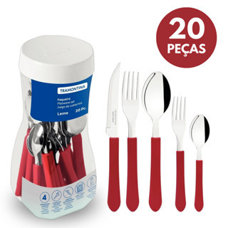 Kit Talheres Jogo Cozinha 20 Peças Aço Inox Tramontina Cabo Polipropileno Colher Garfo Faqueiro Leme Vermelho Sortidos