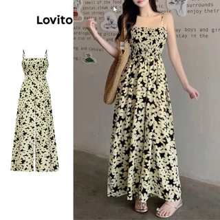 Lovito Macacão Boho Ditsy Floral Smocked para mulheres L92MD994