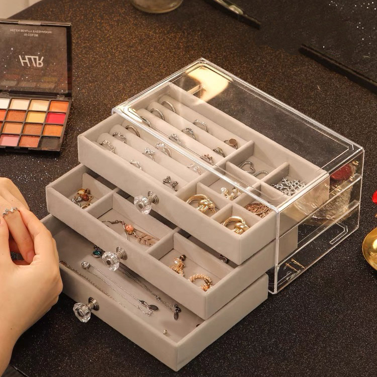 Porta Joia Acrílico Luxo Com 3 Camadas Brinco Anel Compartimento caixa de armazenamento de jóias