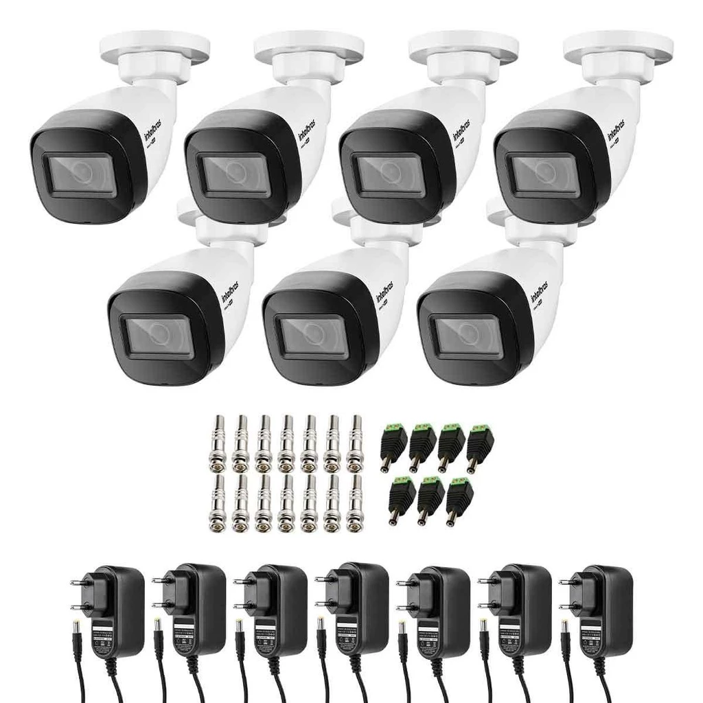 Kit 7 Câmeras Intelbras VHD 1130 B HD 720p com Lente 2.8mm Visão Noturna 30m Resistente à Chuva IP67, Conectores, Fontes