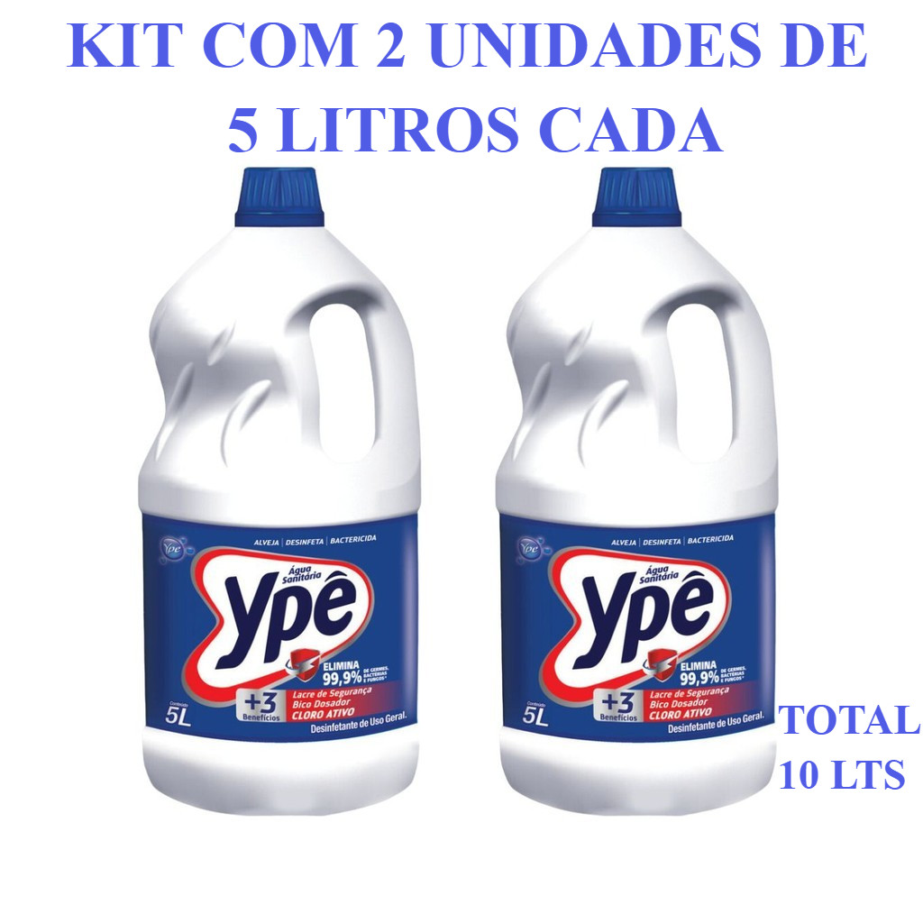 Água sanitária e alvejante cloro ativo 5 litros Ypê - Kit c/ 2 unidades ...