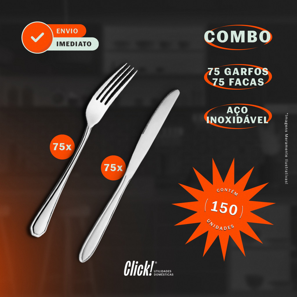 Jogo de Talher 150 Peças em Inox 75 Facas e 75 Garfos