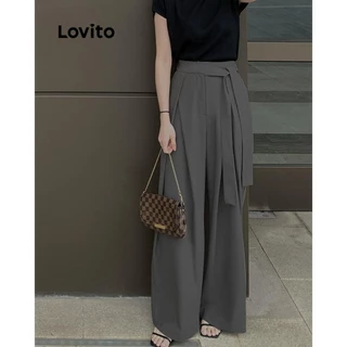 Lovito Calça elegante com bolso plissado simples e cinto para mulheres LNM75007