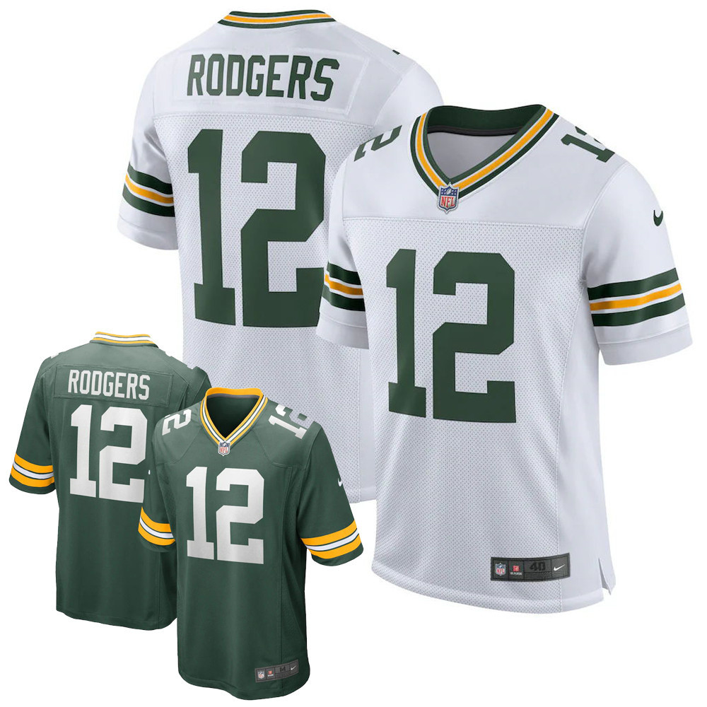 Mens Jersey Aaron Rodgers #12 Packers Nome do Jogador Bordado Verde/Branco American football