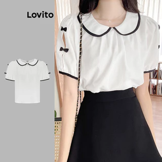 Lovito Blusa elegante lisa com laço colorblock para mulheres L100MD353