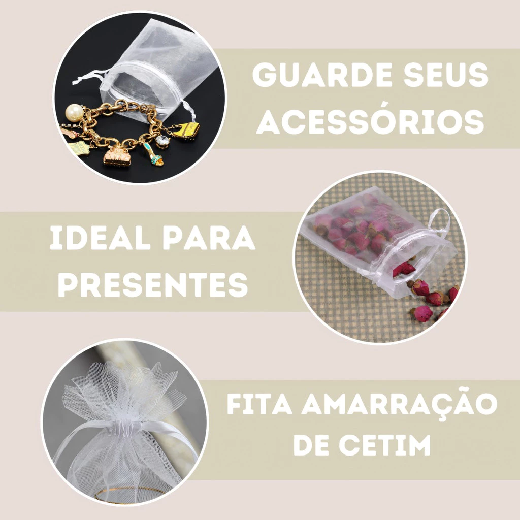 Kit 50/100 Un Saco Saquinho Organza Tule Saquinho 7x9 10x15 20x30