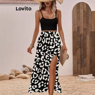 Lovito Conjuntos de saia dividida com estampa de leopardo boho para mulheres LNL79257