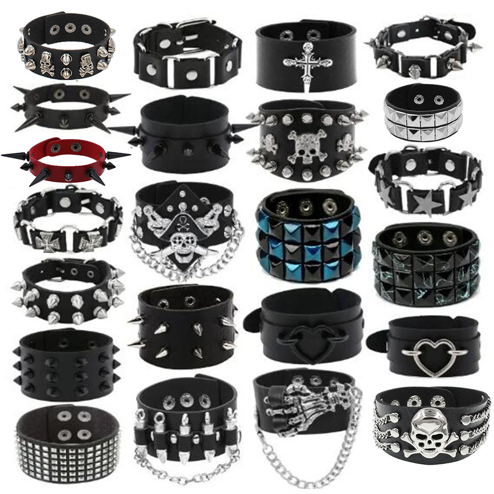 Hip Hop Rock Pulseira De Couro Do Plutônio Masculino E Feminino Punk Picos Rebites Crânio Coração Cruz Criativo Festa Jóias Acessórios