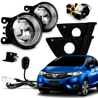 Kit Farol Auxiliar Milha Honda Fit 2015 2016 2017 Moldura Preta Botao Colante