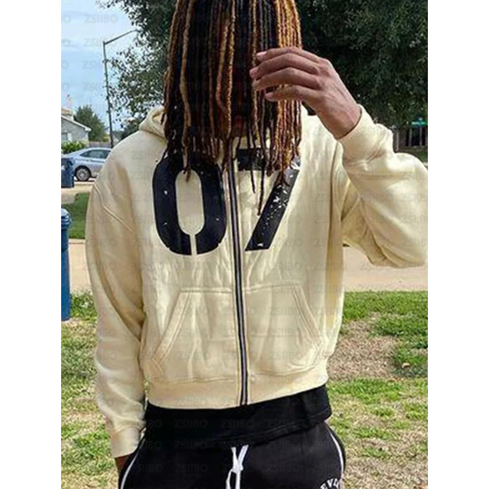 Numeral 7 Impresso Com Zíper Hoodie Y2K Roupas Masculinas Rua Moda