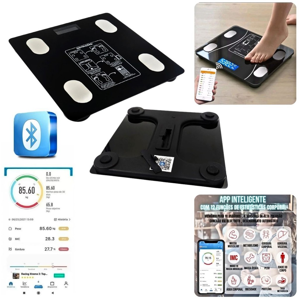 Balança Corporal Bioimpedância Digital Com Aplicativo Bluetooth Até ...