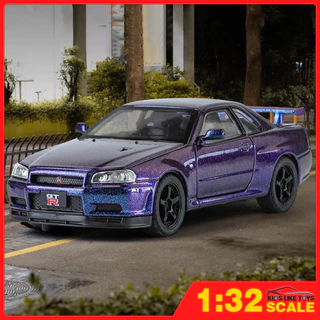 KLT 1 : 32 NISSAN GTR R34 Metal Alloy Toys Carro Modelo Diecast Veículo Para Meninos Simulação De Som Efeito Luz Hobbies Coleção De
